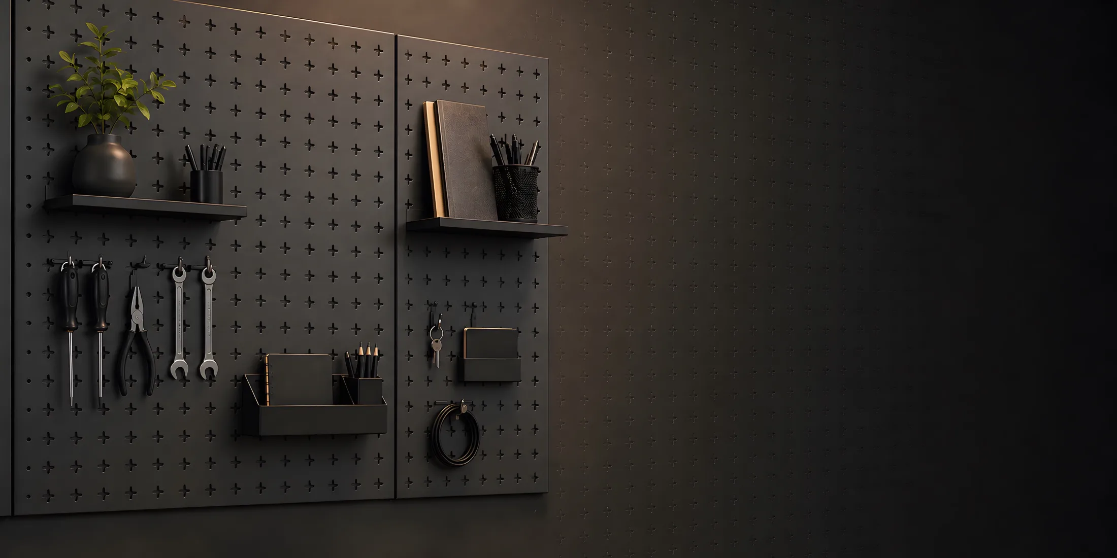 Black modular pegboard with shelves, hooks and holders